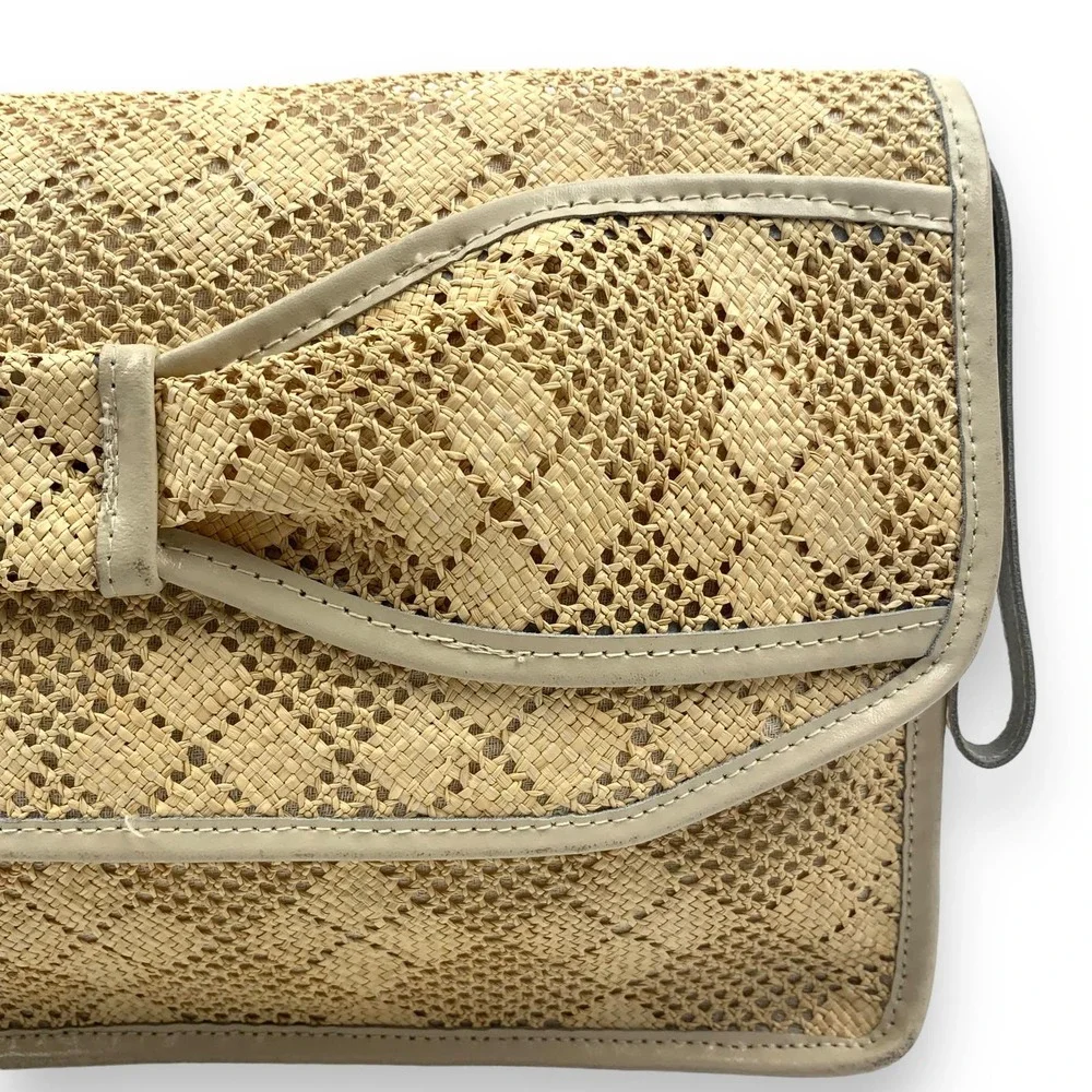 1970's large bow raffia straw and leather wristlet bag - Picture 4 of 13